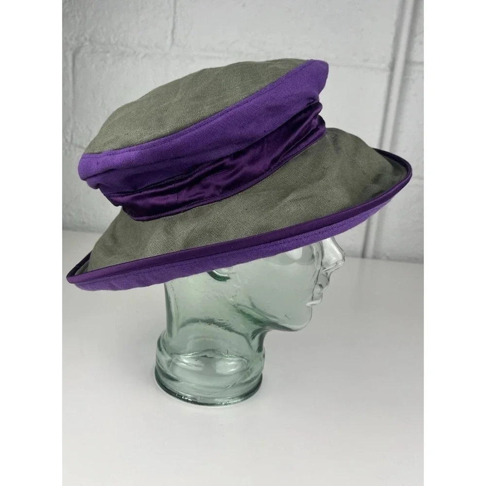 Vtg Hattitude NYC Womens Hat Cloche Raised Bucket Olive Green Purple Boho 90s